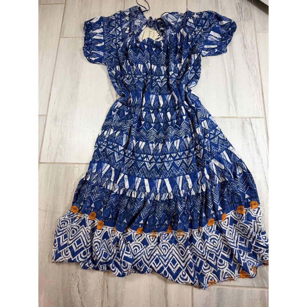 Knox Rose Blue White Geometric Tiered Midi Dress XXL NWT Boho Keyhole Back